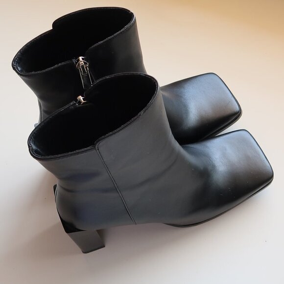 Black Square Toe Real Leather Block Heel Booties - Picture 1 of 10